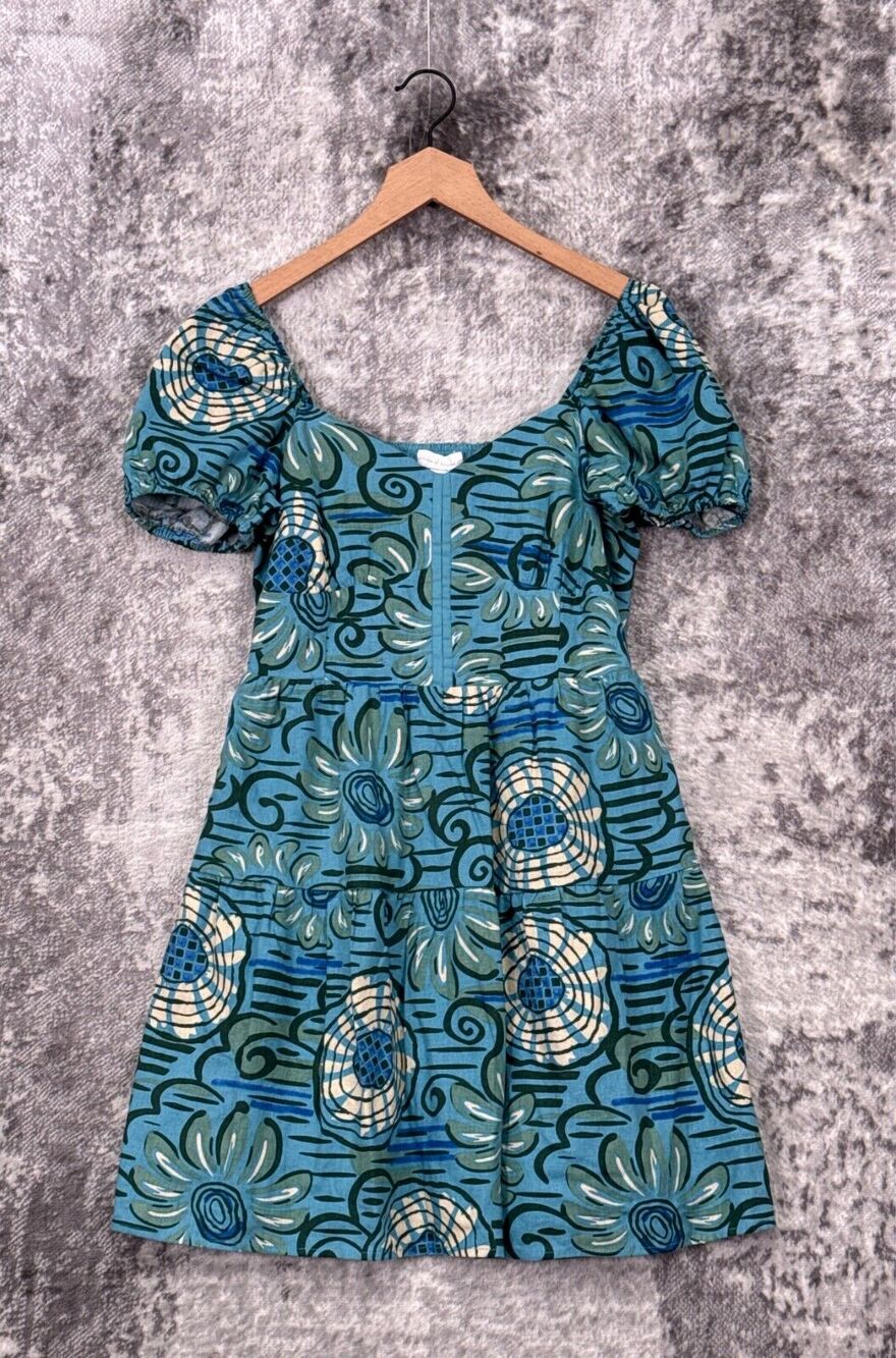 New House Of Harlow Dress Medium Womens Blue Floral Linen Blend Puff Sleeve Mini